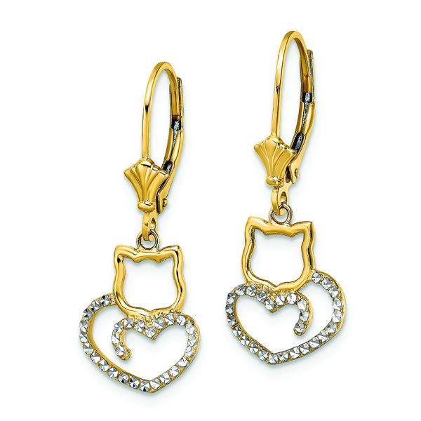 14k & White Rhodium D/C Cat Heart Leverback Earrings - Image 2
