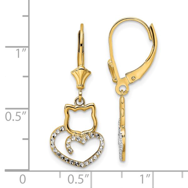 14k & White Rhodium D/C Cat Heart Leverback Earrings - Image 3