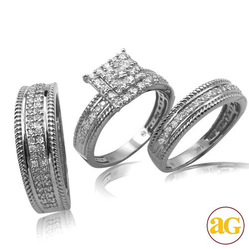 14KW 1.25CTW DIAMOND 3-D SQUARE HEAD TRIO SET