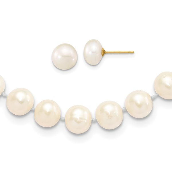 14K 7-8mm Near Round White FWC Pearl Necklace & Button Earring Set