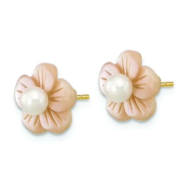 14K 3-4mm Round White FWC Pearl Pink MOP Flower Earrings - Image 2