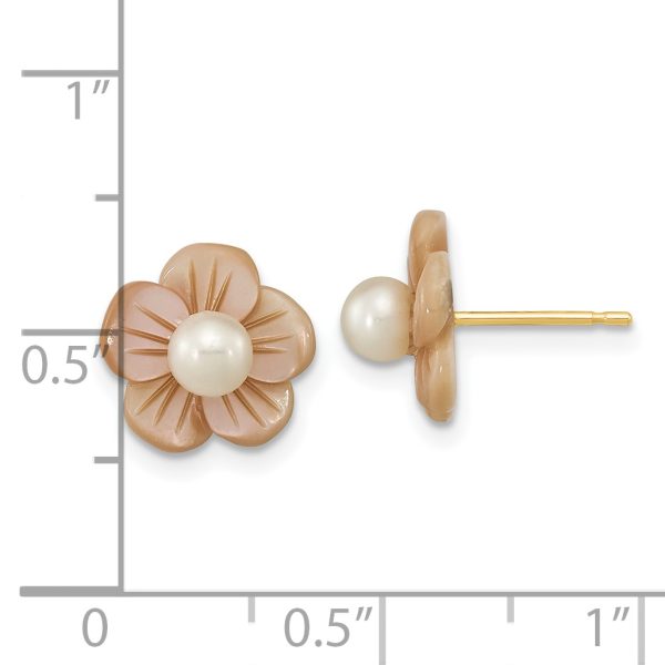 14K 3-4mm Round White FWC Pearl Pink MOP Flower Earrings - Image 3