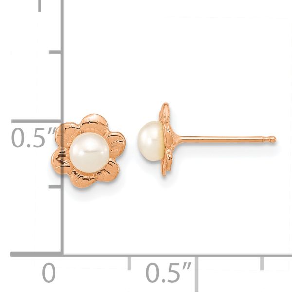 14K Rose Gold 3-4mm Button White FWC Pearl Flower Earrings - Image 2