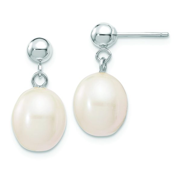 14kw 8-9mm White Rice Freshwater Cultured Pearl Post Dangle Earrings