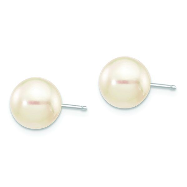 14K White Gold 8-9mm Round White Saltwater Akoya Cultured Pearl Earrings - Image 2