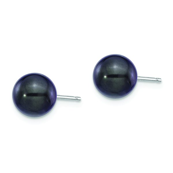 14K White Gold 7-8mm Round Black Saltwater Akoya Cultured Pearl Earrings - Image 2