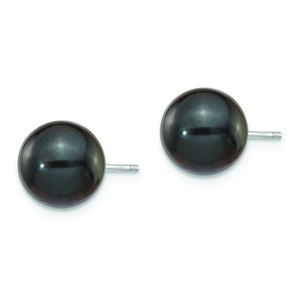 14K White Gold 8-9mm Round Black Saltwater Akoya Cultured Pearl Earrings - Image 2