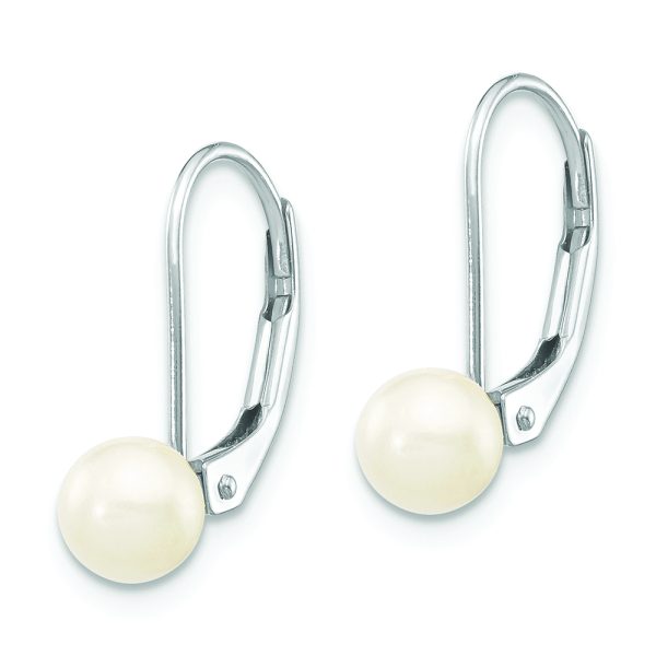 14K White Gold 5-6mm Round White Saltwater Akoya Pearl Leverback Earrings - Image 2