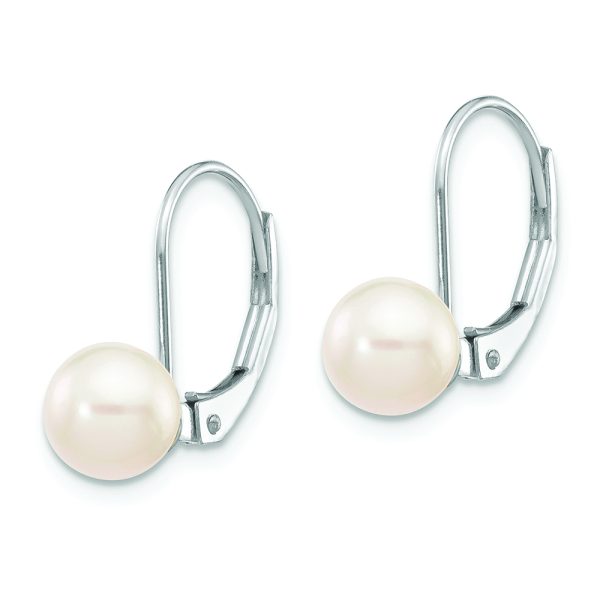 14K White Gold 6-7mm Round White Akoya Pearl Leverback Earrings - Image 2