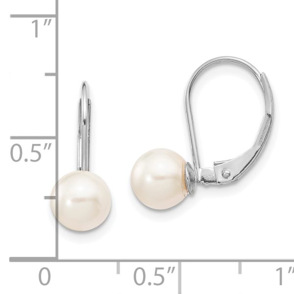 14K White Gold 6-7mm Round White Akoya Pearl Leverback Earrings - Image 3