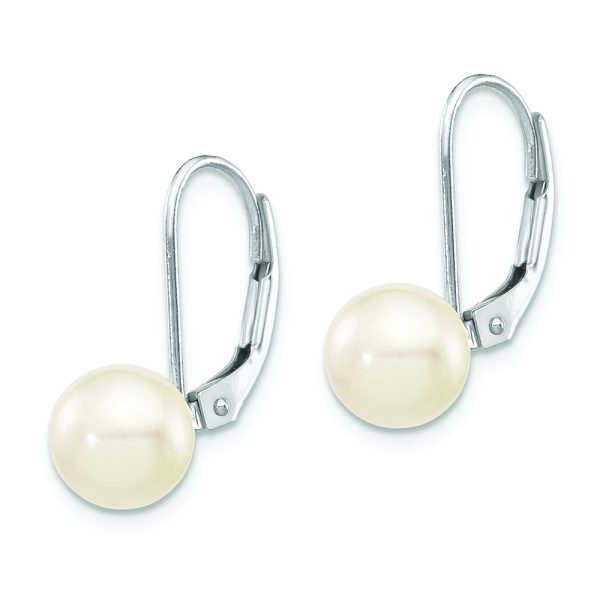 14K White Gold 7-8mm Round White Saltwater Akoya Pearl Leverback Earrings - Image 2