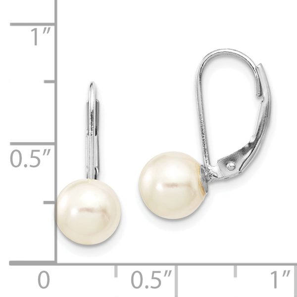 14K White Gold 7-8mm Round White Saltwater Akoya Pearl Leverback Earrings - Image 3