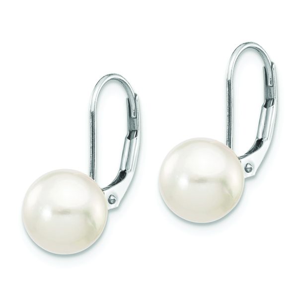 14K White Gold 8-9mm Round White Saltwater Akoya Leverback Earrings - Image 2