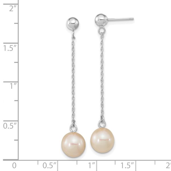 14kw 7-8mm White Round Freshwater Cultured Pearl Post Dangle Earrings - Image 2