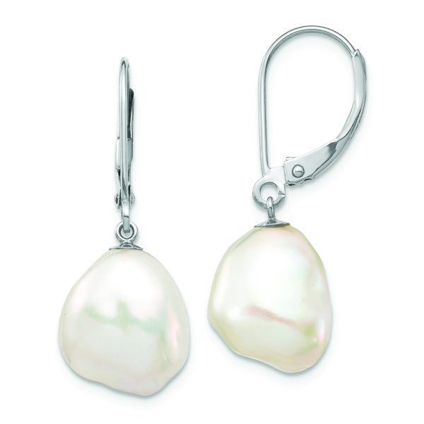 14K White Gold 13x15mm Keshi White FWC Pearl Dangle Earrings