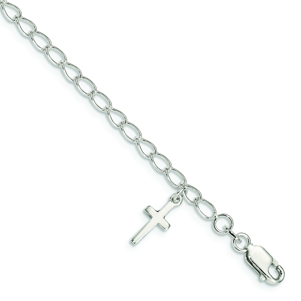 Sterling Silver Polished Latin Cross Charm with 1in Ext. Children's Bracele