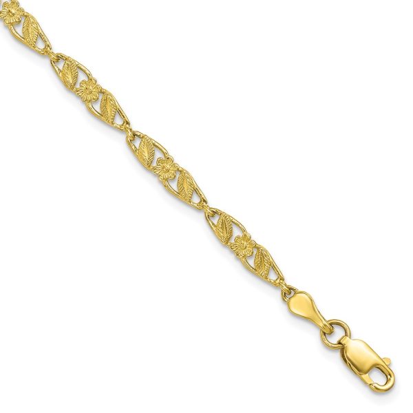 10k Solid Polished Open Back Flower & Leaf Bracelet