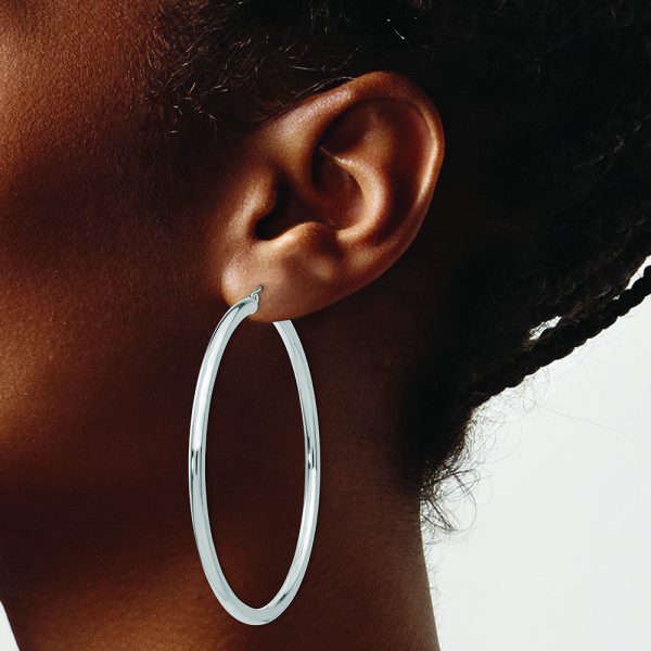 10K White Gold Polished 3mm Tube Hoop Earrings - Image 3