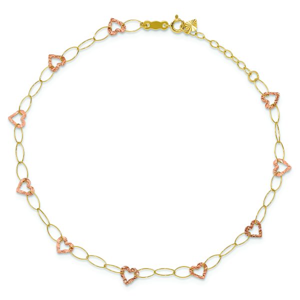 14k Two-tone Adjustable Heart 9in Plus 1in extension Anklet - Image 4