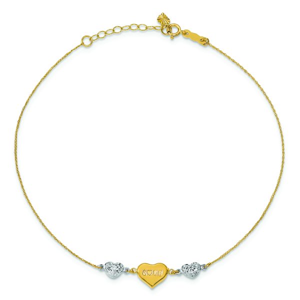 14K Two-tone Diamond-cut Puffed Heart LOVE 9in Plus 1in ext Anklet - Image 4