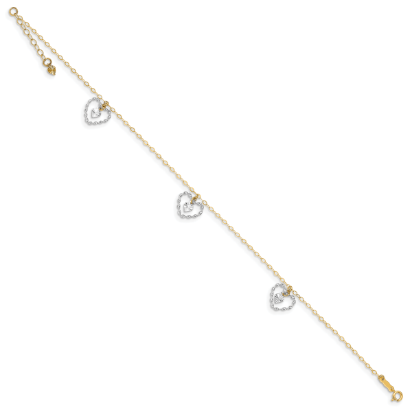 14K Two-tone Twisted and Diamond Cut Hearts 9in Plus 1in ext Anklet - Image 2