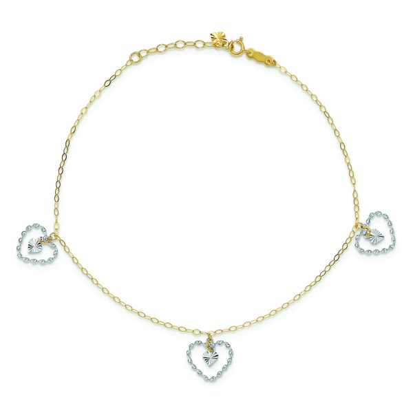 14K Two-tone Twisted and Diamond Cut Hearts 9in Plus 1in ext Anklet - Image 4