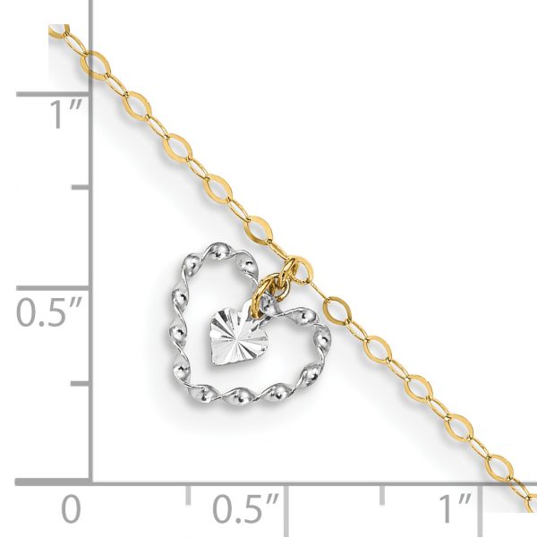14K Two-tone Twisted and Diamond Cut Hearts 9in Plus 1in ext Anklet - Image 3