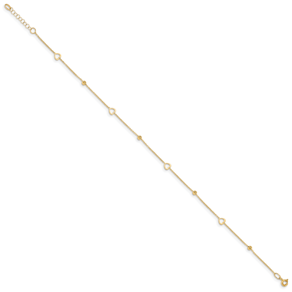 14K Polished and Diamond-cut Hearts 10in Plus 1in ext Anklet - Image 2