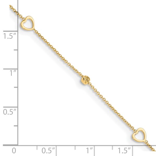 14K Polished and Diamond-cut Hearts 10in Plus 1in ext Anklet - Image 3