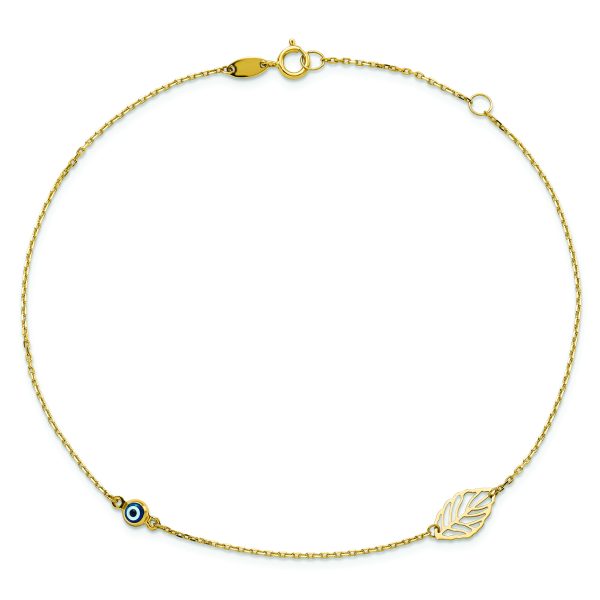 14k Leaf and Glass Eye Bead 9in Plus 1in Ext  Anklet - Image 4