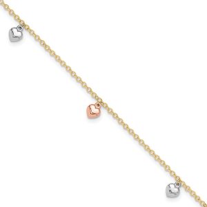 14K Tri-color Polished Hearts 9in Plus 1in ext. Anklet