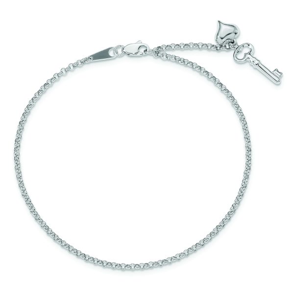 14k White Gold Adj Polished Puffed Heart Key 9in Plus 1in ext. Anklet - Image 4