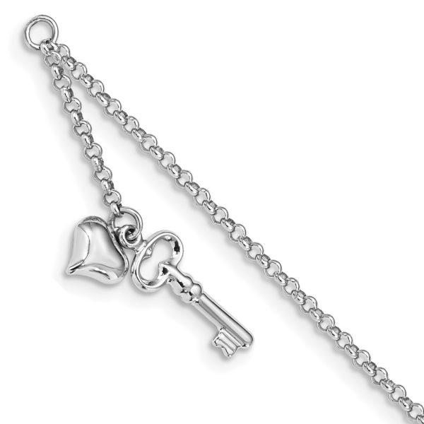 14k White Gold Adj Polished Puffed Heart Key 9in Plus 1in ext. Anklet