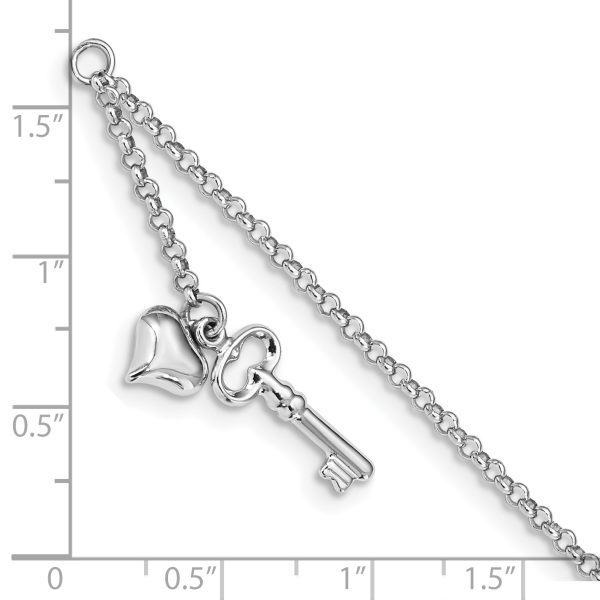 14k White Gold Adj Polished Puffed Heart Key 9in Plus 1in ext. Anklet - Image 3