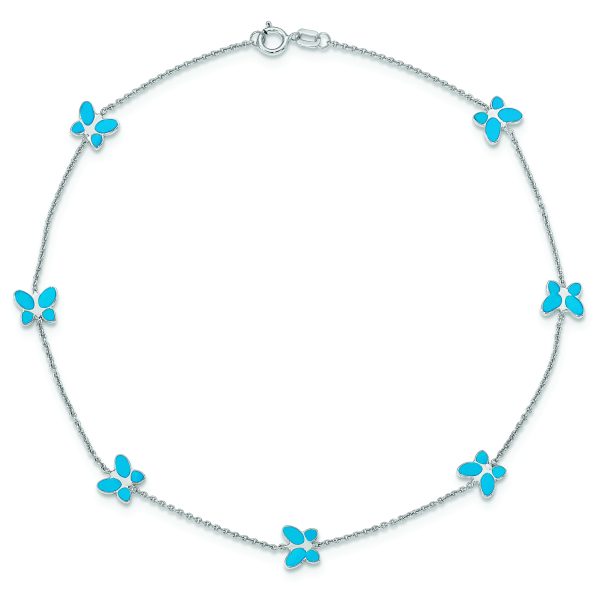 14k White Gold Blue Enameled Butterfly 10inch Anklet - Image 4