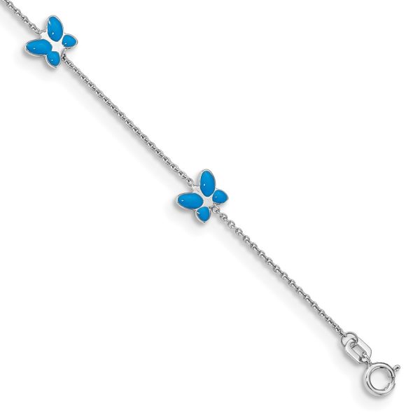 14k White Gold Blue Enameled Butterfly 10inch Anklet