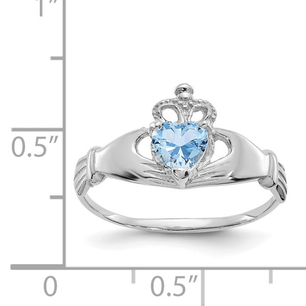 14k White Gold CZ March Birthstone Claddagh Heart Ring - Image 3