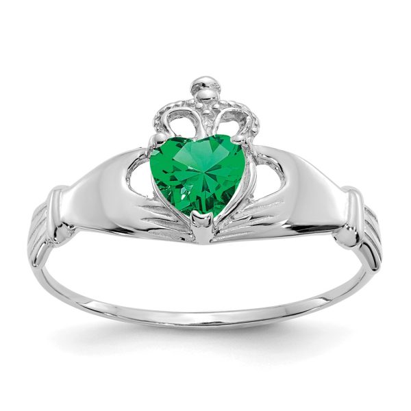 14k White Gold CZ May Birthstone Claddagh Heart Ring