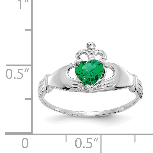 14k White Gold CZ May Birthstone Claddagh Heart Ring - Image 3