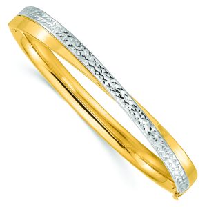 14ky 4/16 White Rhodium Diamond-cut Bypass Hinged Bangle