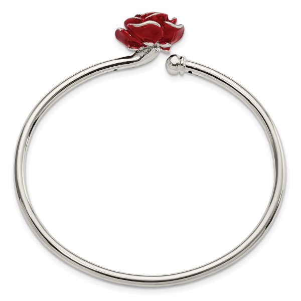 Sterling Silver Polished Enameled Rose Flexible Bangle - Image 2
