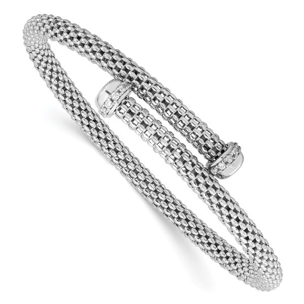 Sterling Silver Rhodium-plated Polished CZ Flexible Cuff Bangle