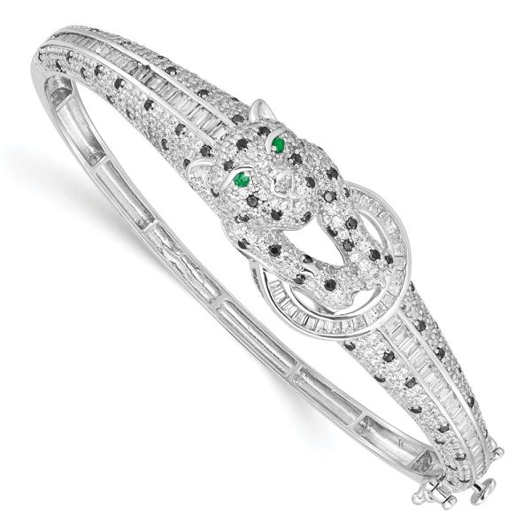 Sterling Silver Rhodium-plated Polished CZ Cheetah Hinged Bangle