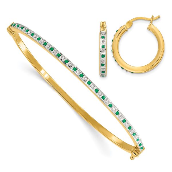 SS Gold-Plated Diamond Mystique Dia/Emerald Earrings/Bangle Set