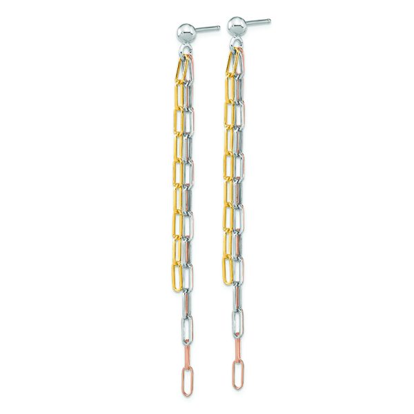 Sterling Silver RH-plate Rose & Yellow-tone Paperclip Link 3-strand Earri - Image 2