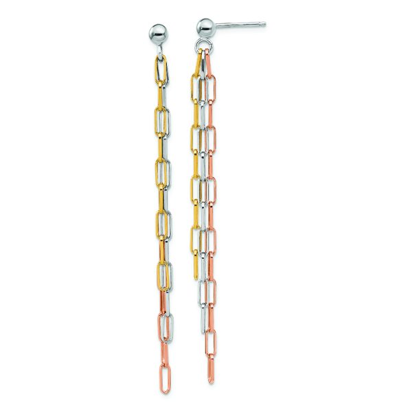 Sterling Silver RH-plate Rose & Yellow-tone Paperclip Link 3-strand Earri