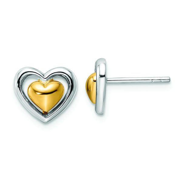 Sterling Silver RH-plated & Gold-plated Heart Post Earrings