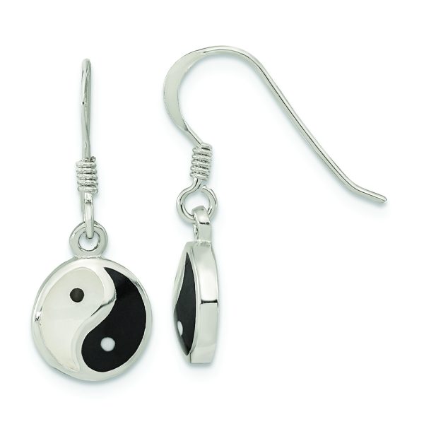 Sterling Silver Rhod-pltd MOP/Black Resin Yin Yang Dangle Earrings