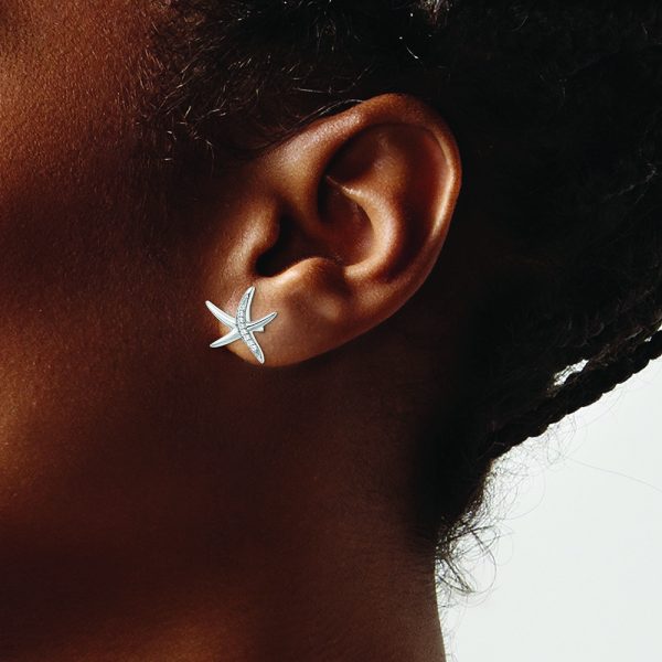 Sterling Silver Rhodium-plated CZ Starfish Post Earrings - Image 3