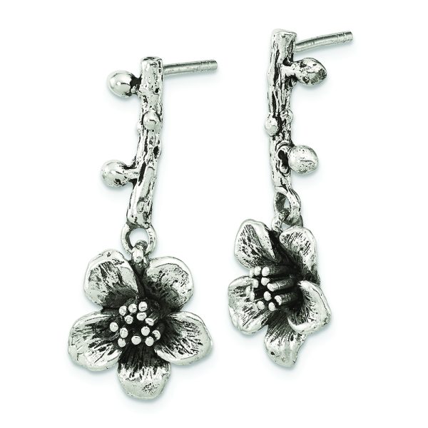 Sterling Silver Oxidized Flower w/Branch Dangle Post Earrings - Image 2